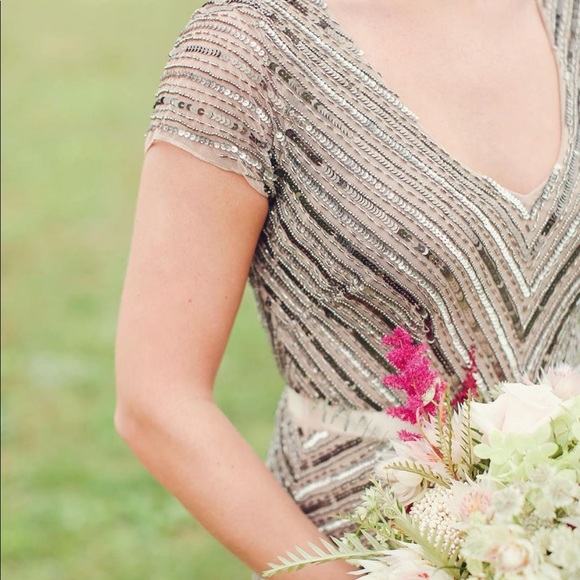 Adrianna-Papell beaded short sleeves V-Neck long evening Gown - Picture 11 of 16